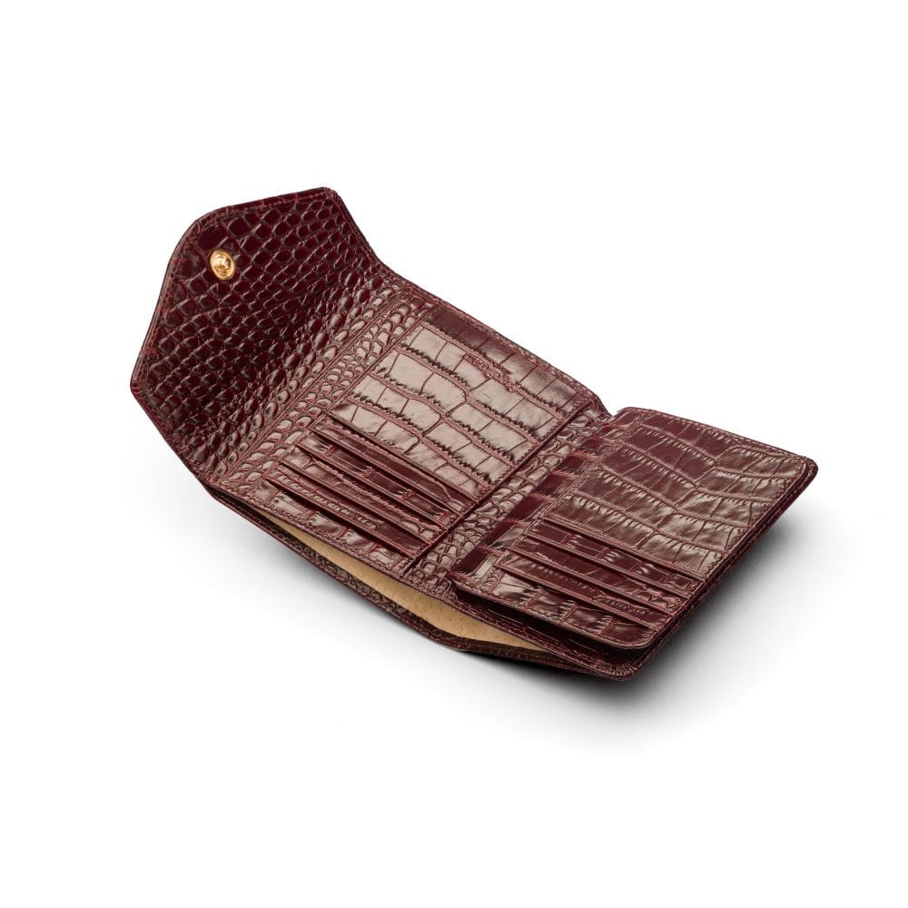 Large leather purse with 15 CC, burgundy croc, open