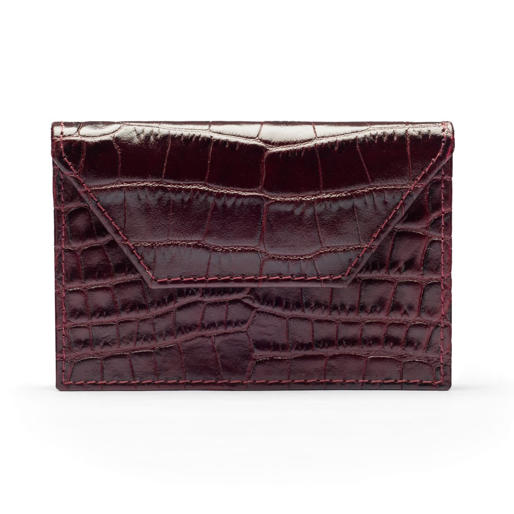 Leather business card holder, burgundy croc, front