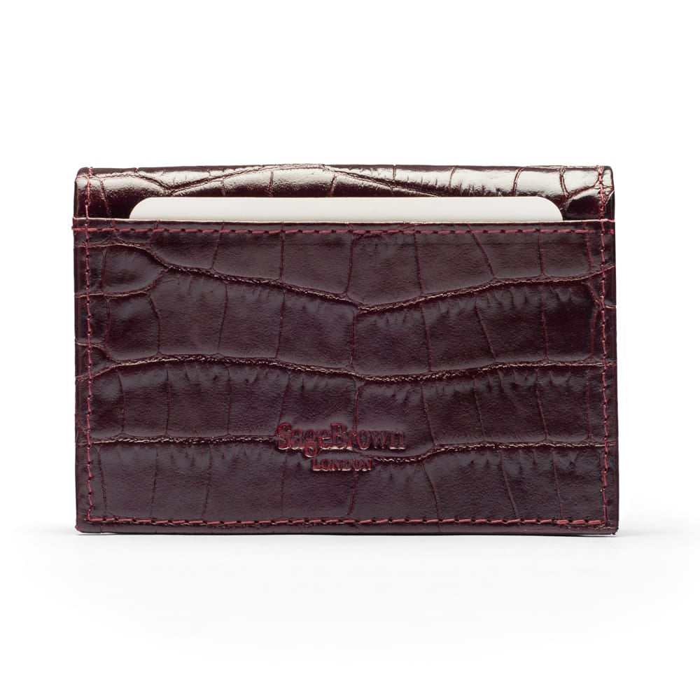 Leather business card holder, burgundy croc, back