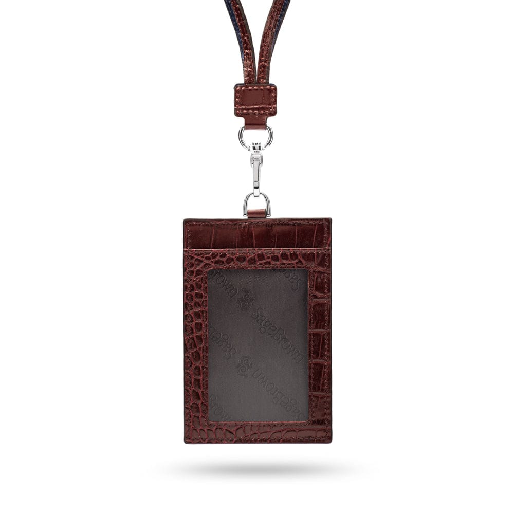 Leather lanyard ID card holder, burgundy croc, front