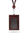 Leather lanyard ID card holder, burgundy croc, front