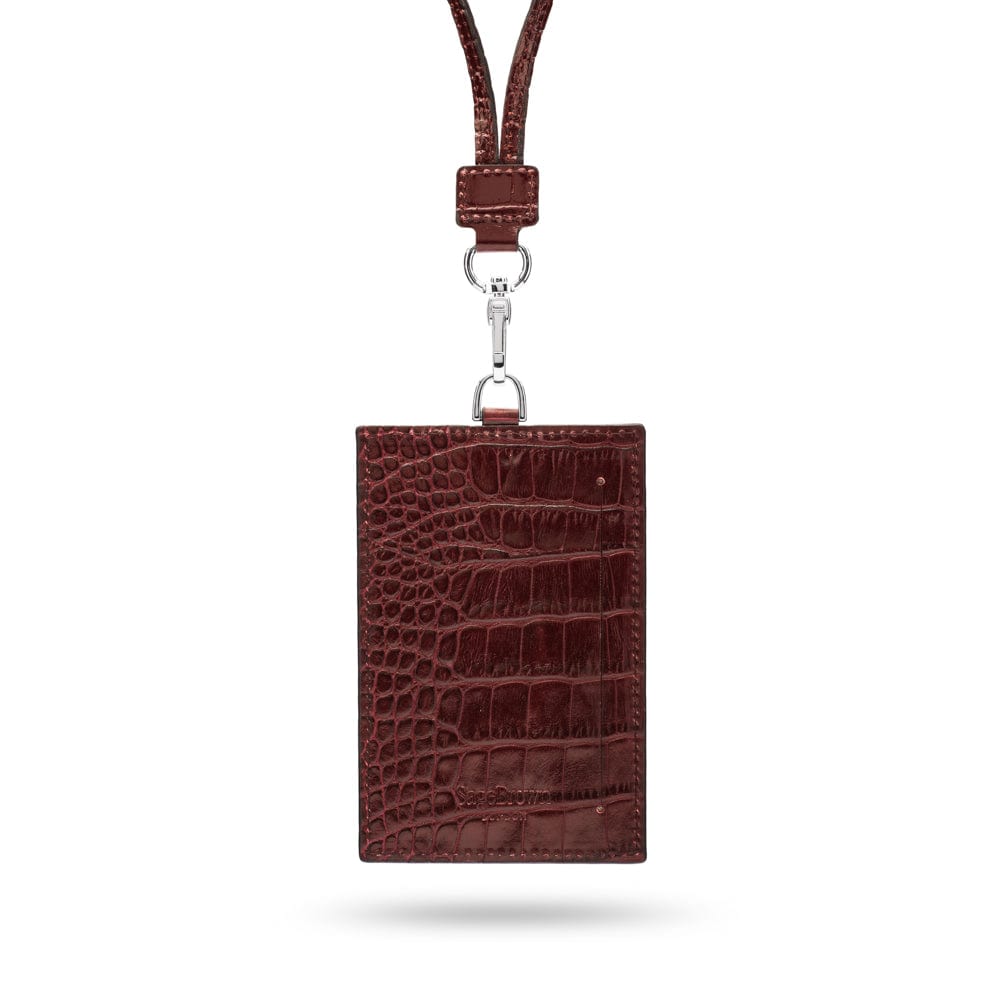 Leather lanyard ID card holder, burgundy croc, back