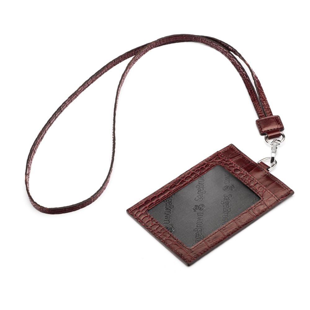 Leather lanyard ID card holder, burgundy croc, with strap