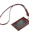 Leather lanyard ID card holder, burgundy croc, with strap