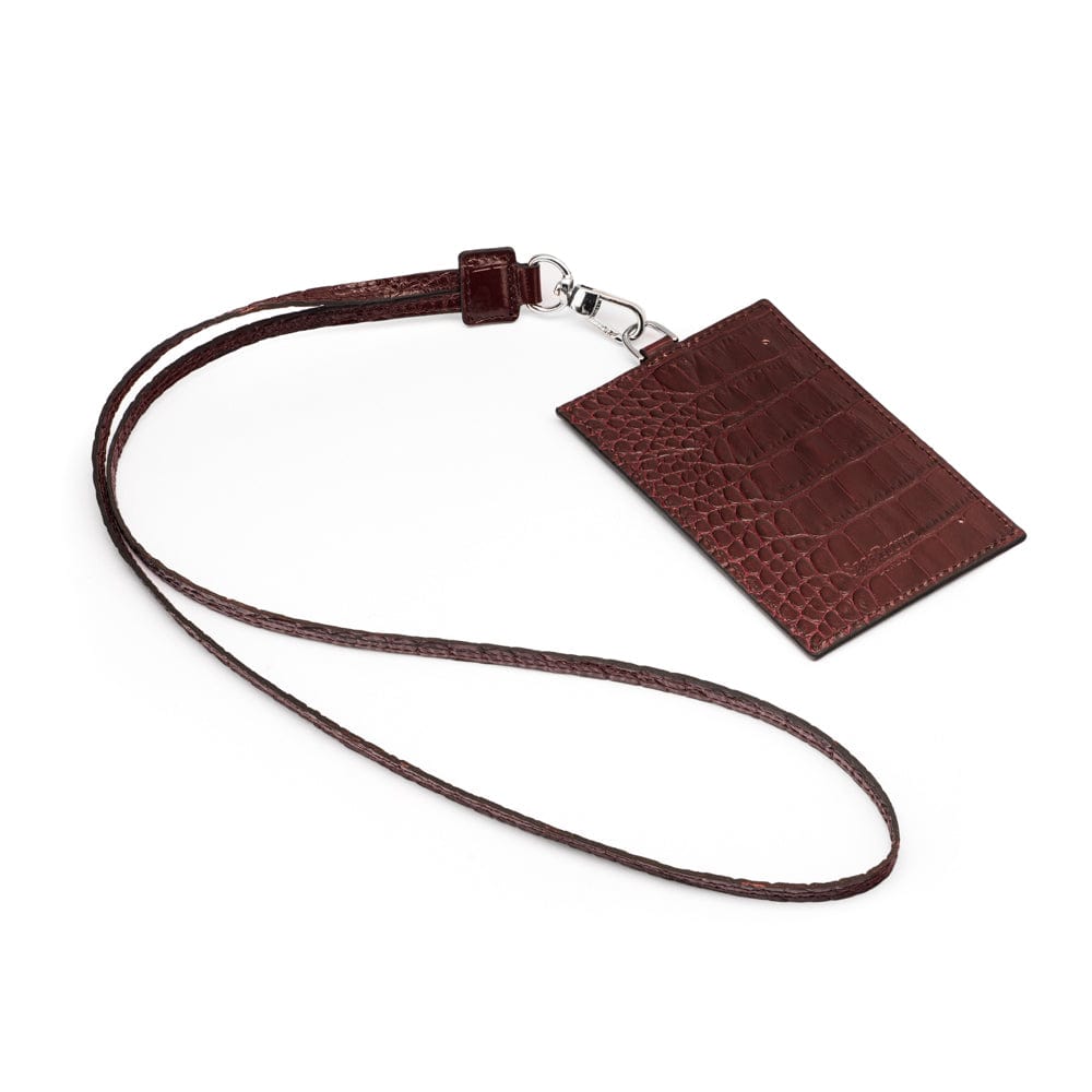 Leather lanyard ID card holder, burgundy croc, back view