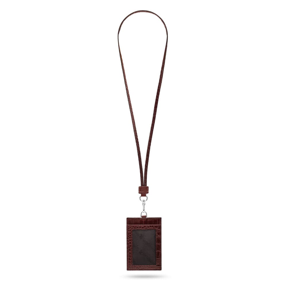 Leather lanyard ID card holder, burgundy croc, full length