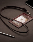 Leather lanyard ID card holder, burgundy croc, lifestyle