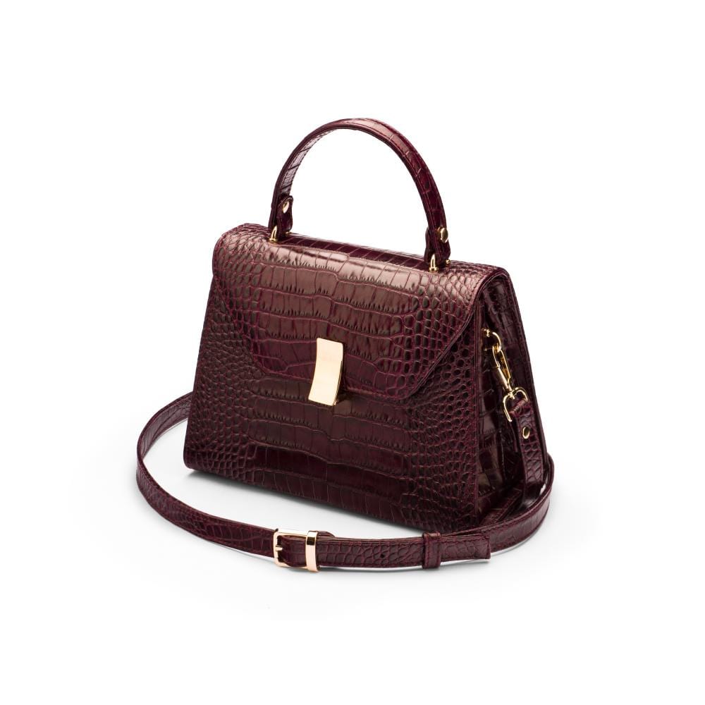 Leather top handle bag, burgundy croc, side