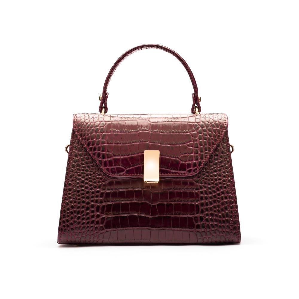 Leather top handle bag, burgundy croc, front view