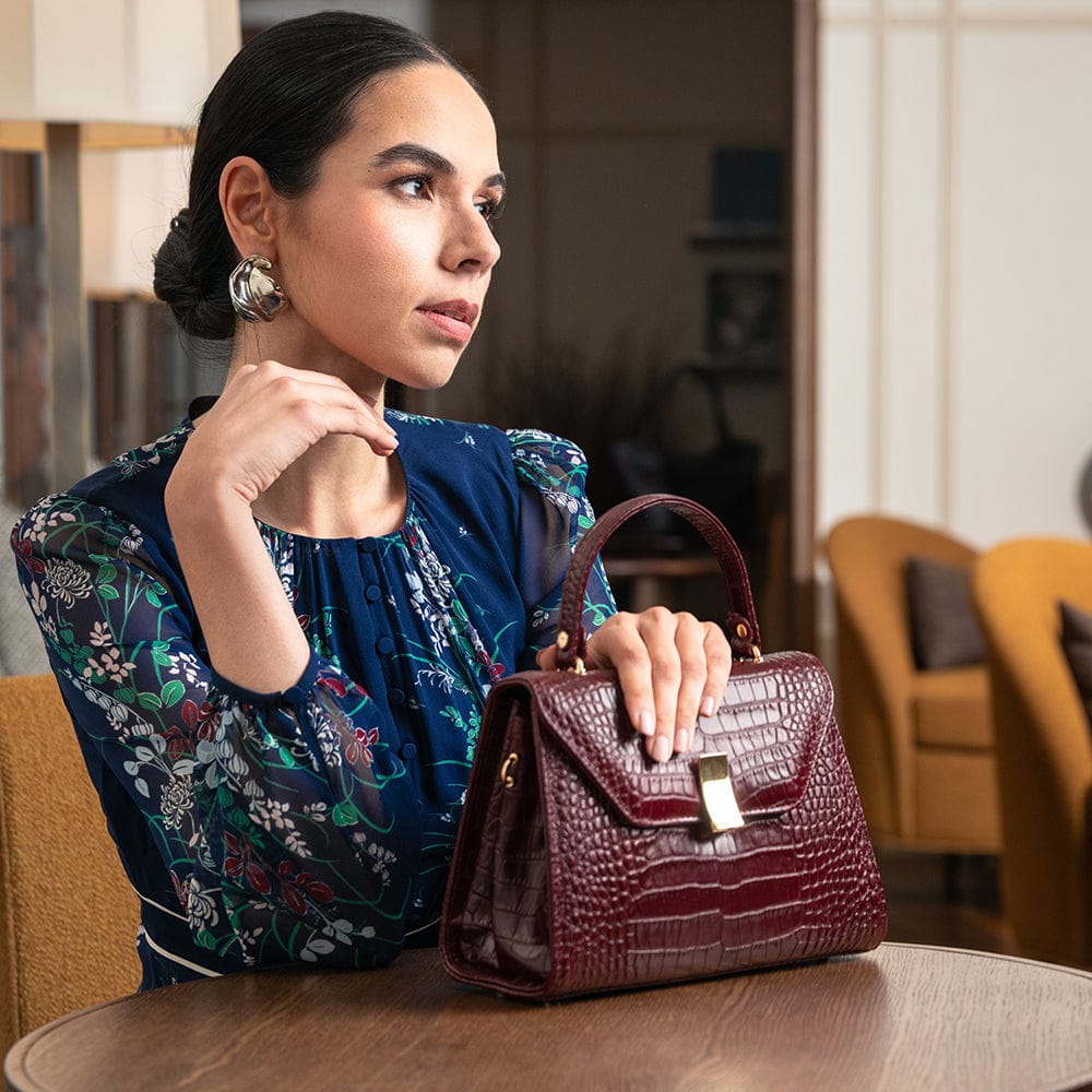 Leather top handle bag, burgundy croc, lifestyle