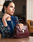 Leather top handle bag, burgundy croc, lifestyle