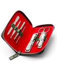 Leather zip around 7 piece manicure set, green croc, inside