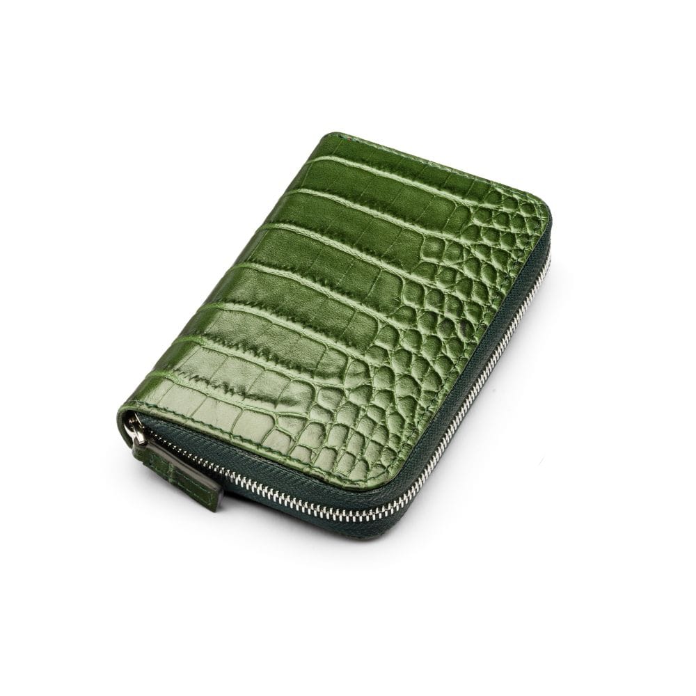 Leather zip around 7 piece manicure set, green croc, front