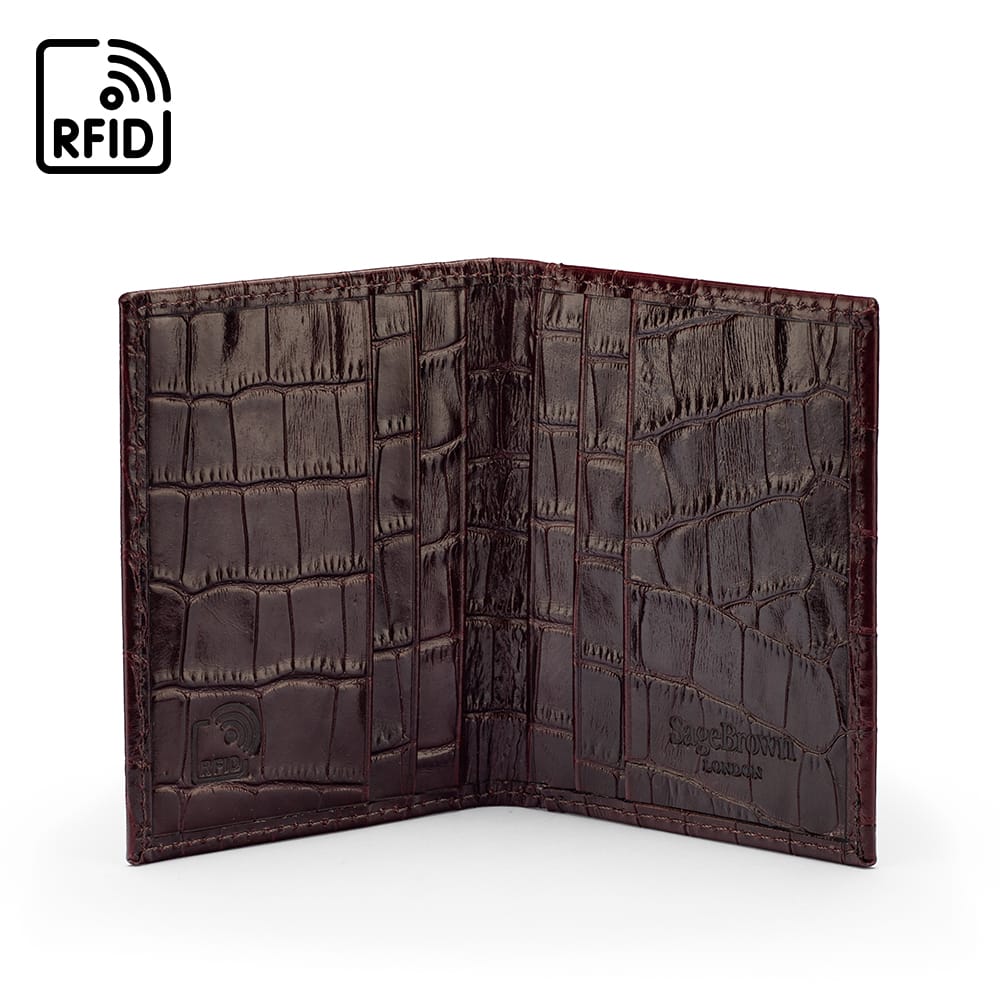Premium Slim RFID Leather Credit Card Wallet, Burgundy Croc Effect, inside