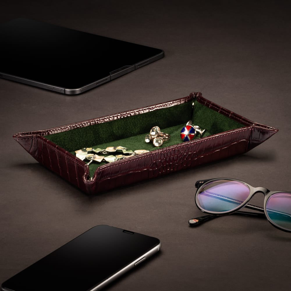Rectangular Leather Valet Tray - Burgundy Croc Effect With Green, lifestyle