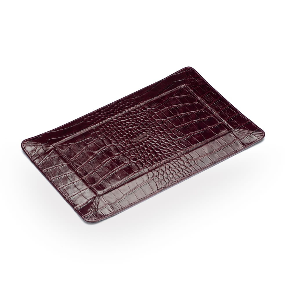 Rectangular Leather Valet Tray - Burgundy Croc Effect With Green, flat base