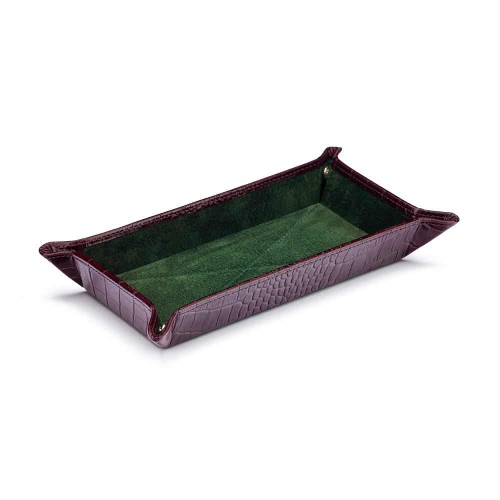 Rectangular Leather Valet Tray, Burgundy Croc Effect With Green