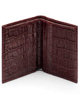 RFID compact leather billfold wallet 4 CC, burgundy croc, open view