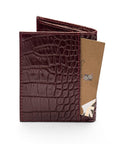 RFID compact leather billfold wallet 4 CC, burgundy croc, back