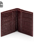 RFID compact leather billfold wallet 4 CC, burgundy croc, open