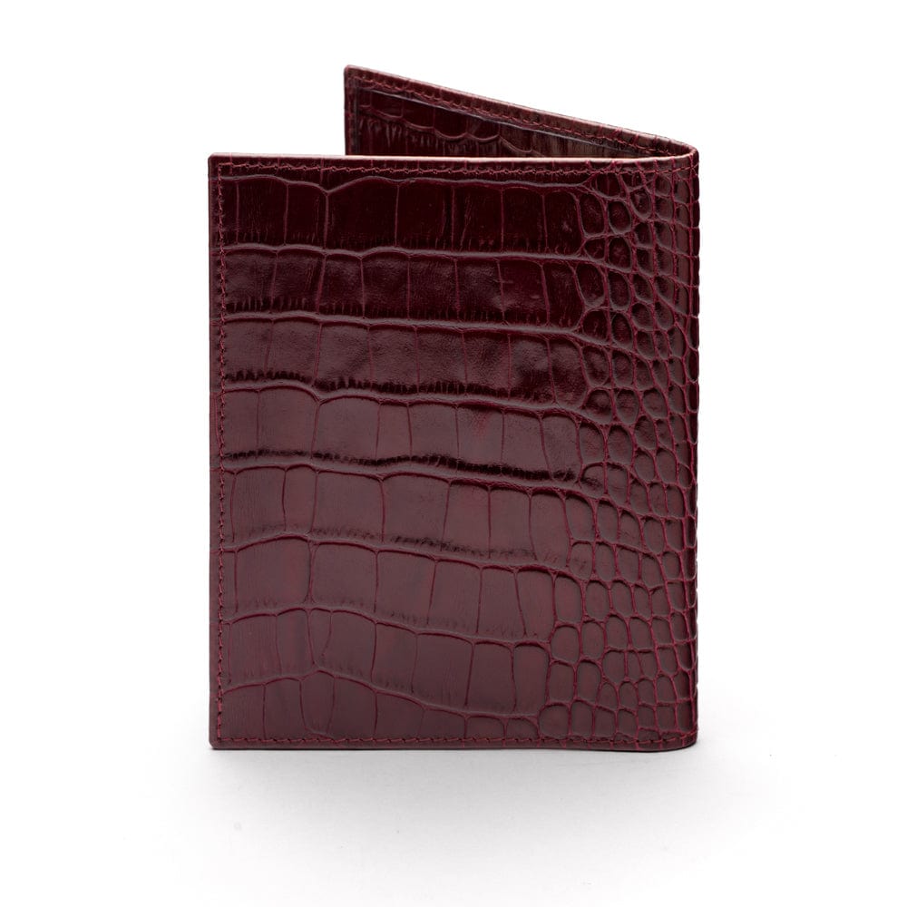 RFID leather passport holder, burgundy croc, back view