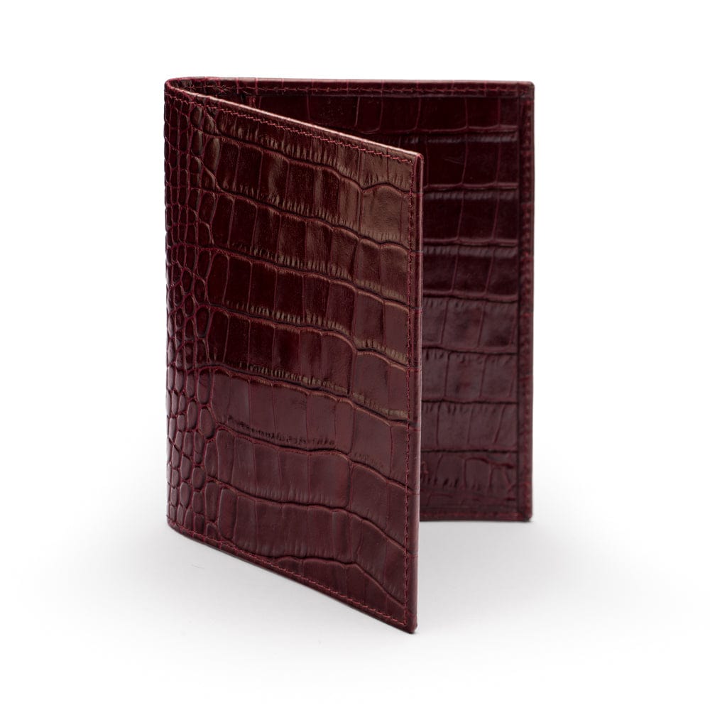 RFID leather passport holder, burgundy croc, front