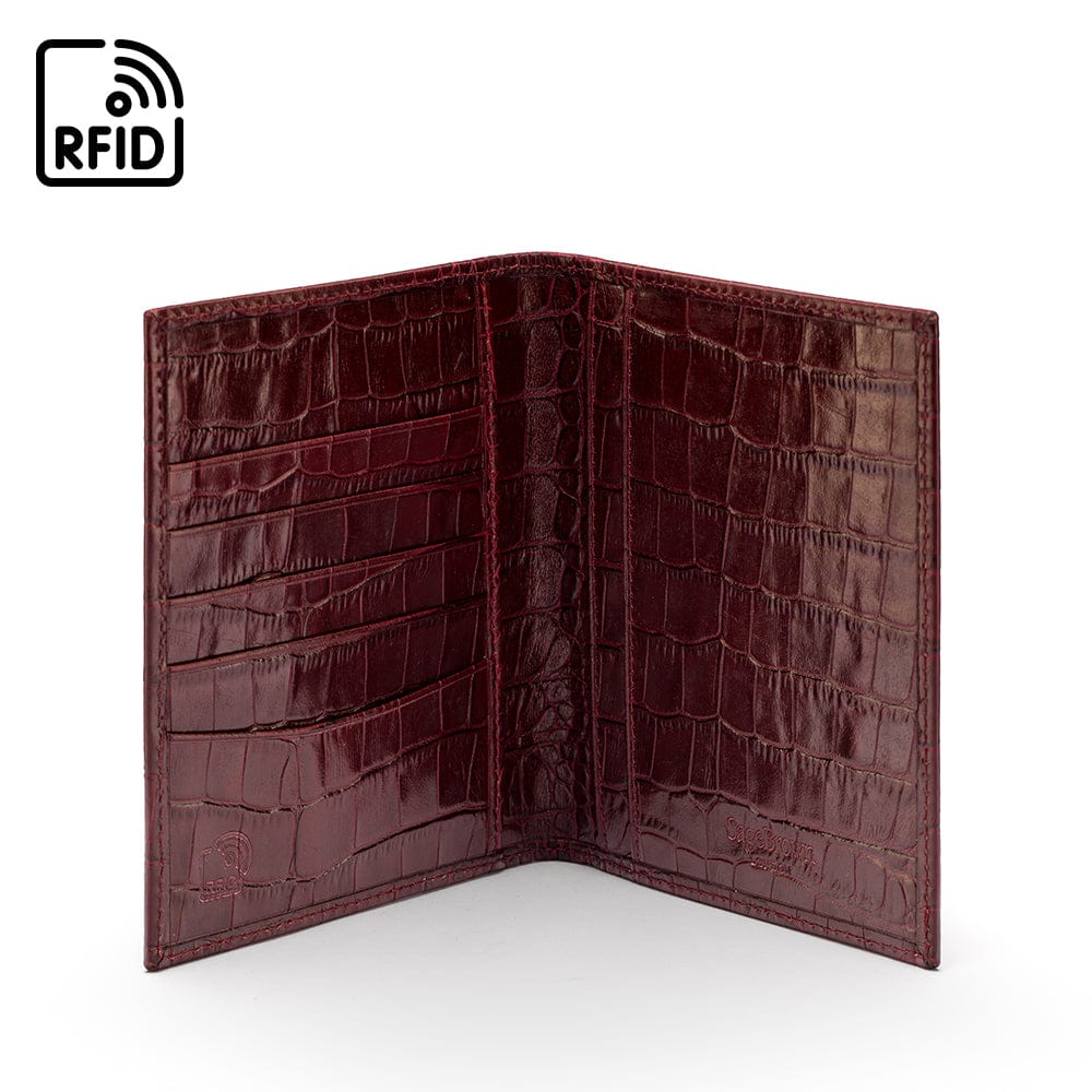 RFID leather passport holder, burgundy croc, inside view