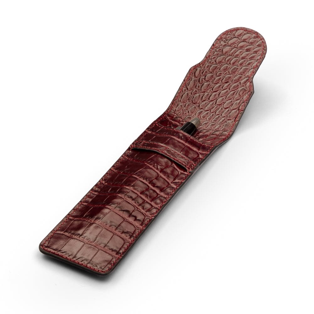 Single leather pen case, burgundy croc, open