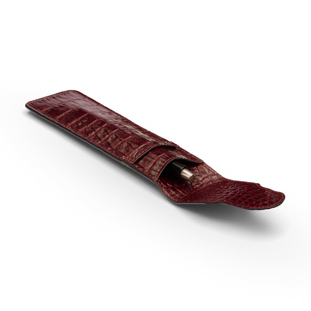 Single leather pen case, burgundy croc, inside