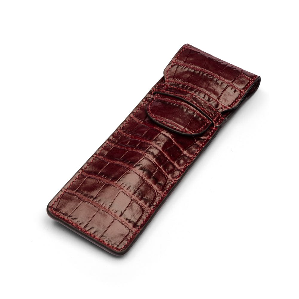 Single leather pen case, burgundy croc, front