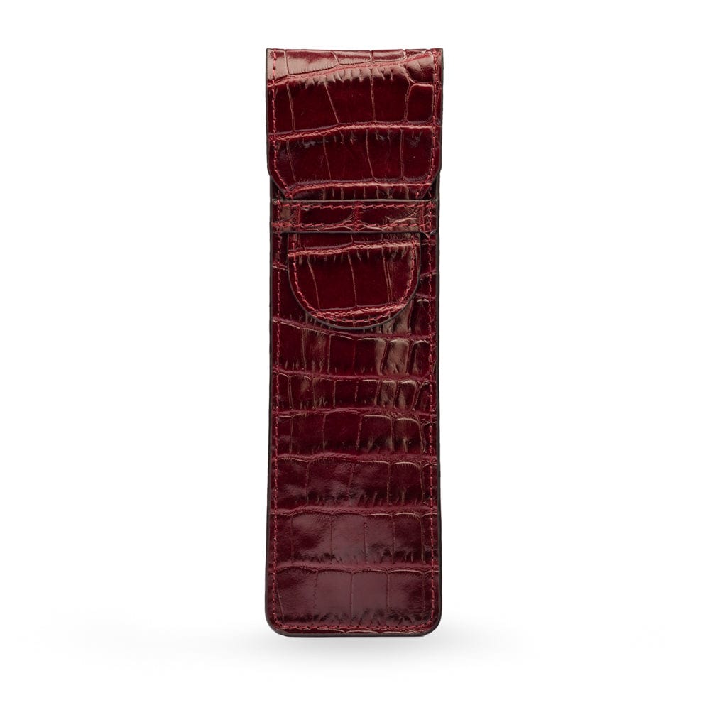 Single leather pen case, burgundy croc, front view