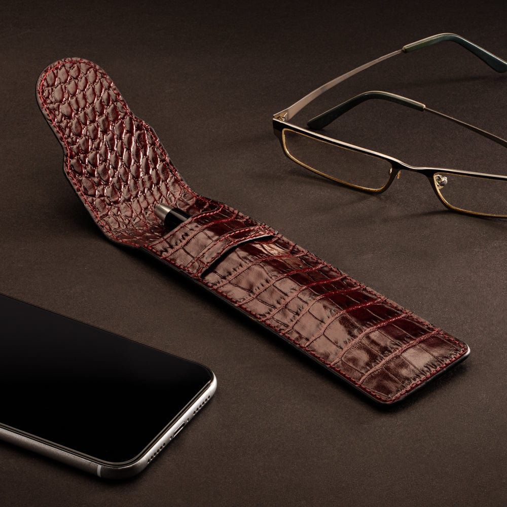 Single leather pen case, burgundy croc, lifestyle