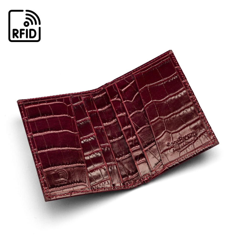 RFID leather credit card holder, burgundy croc, open view