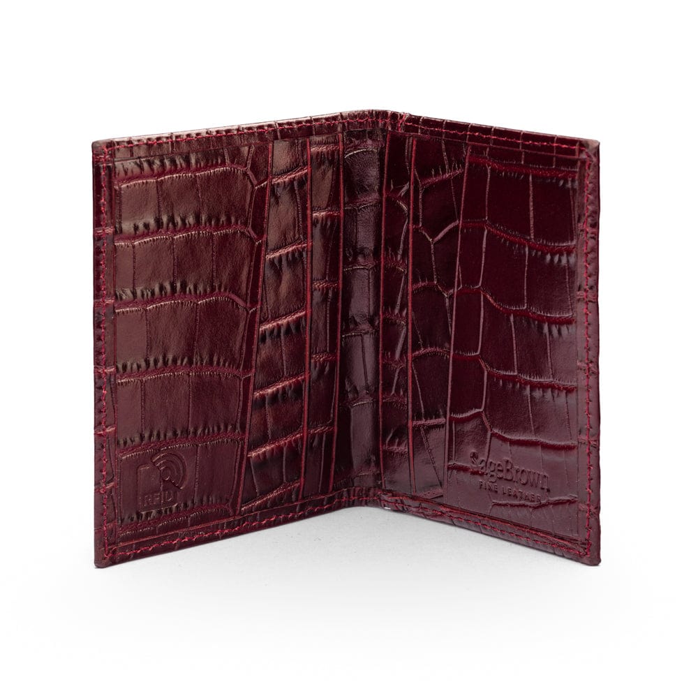 RFID leather credit card holder, burgundy croc, inside view