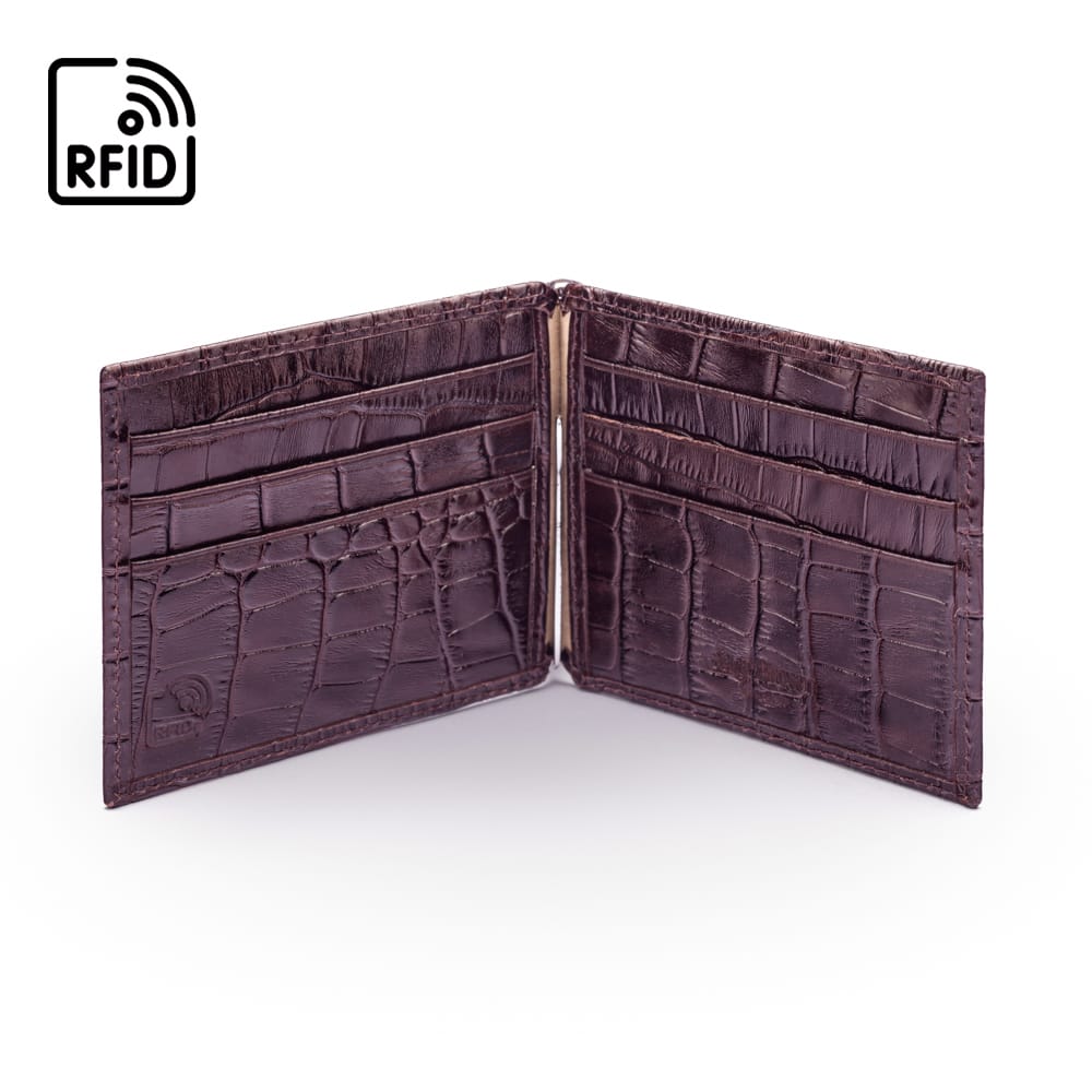 Slim Leather RFID Wallet With Money Clip,  Burgundy Croc Effect, inside