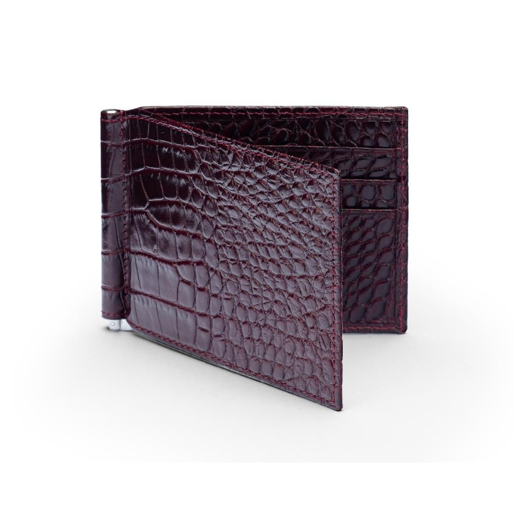 Slim Leather RFID Wallet With Money Clip,  Burgundy Croc Effect, front