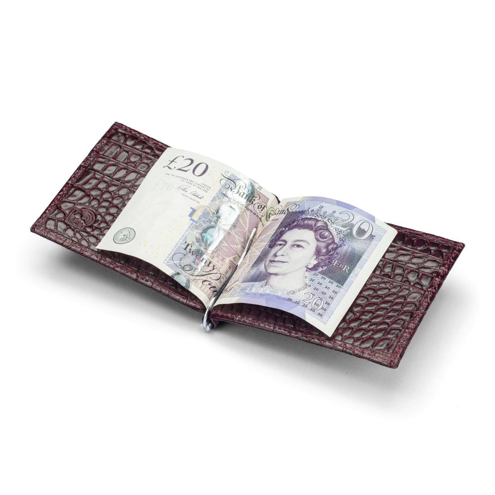 Slim Leather RFID Wallet With Money Clip,  Burgundy Croc Effect, open
