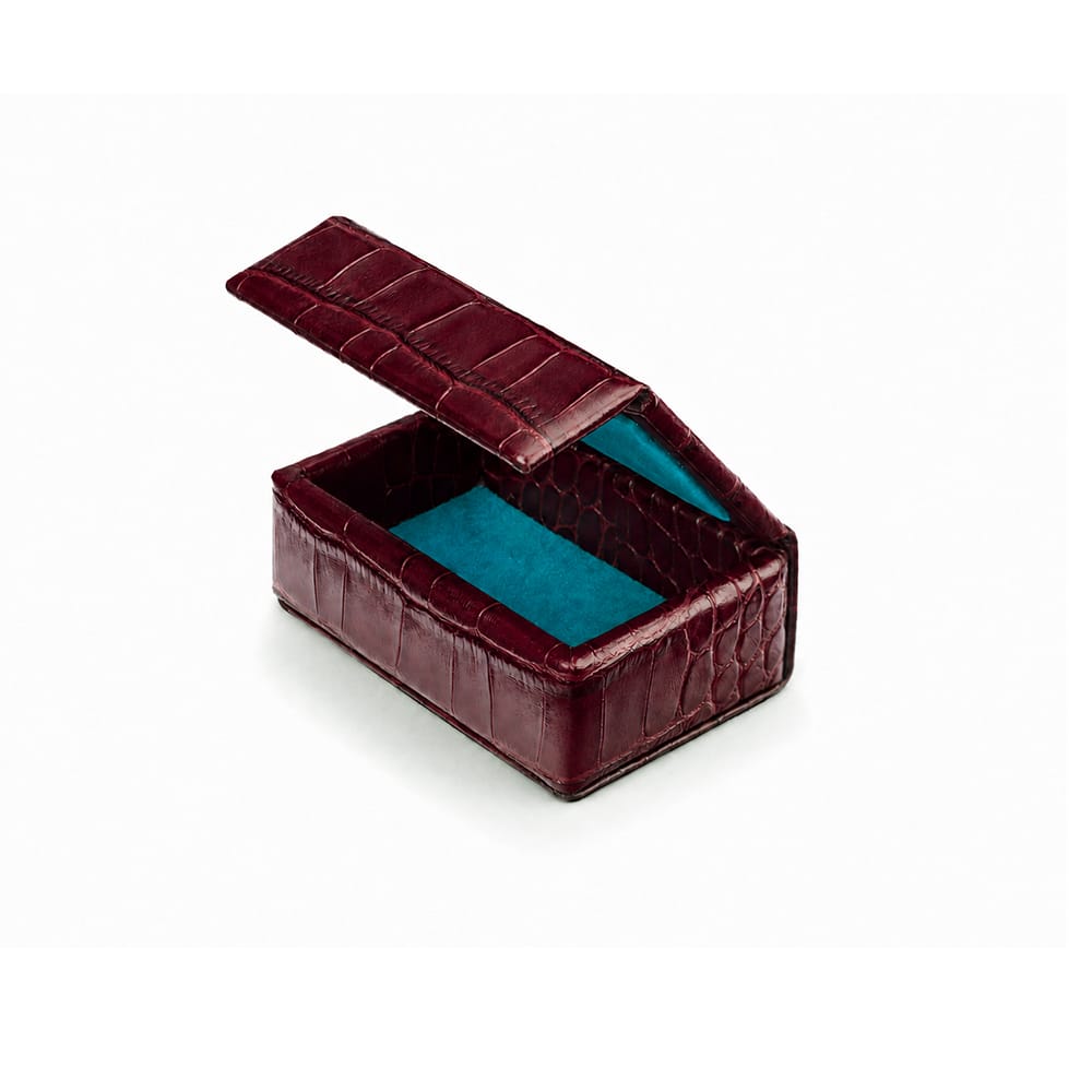 Miniature Leather Accessory Box - Burgundy Croc Effect With Blue, open