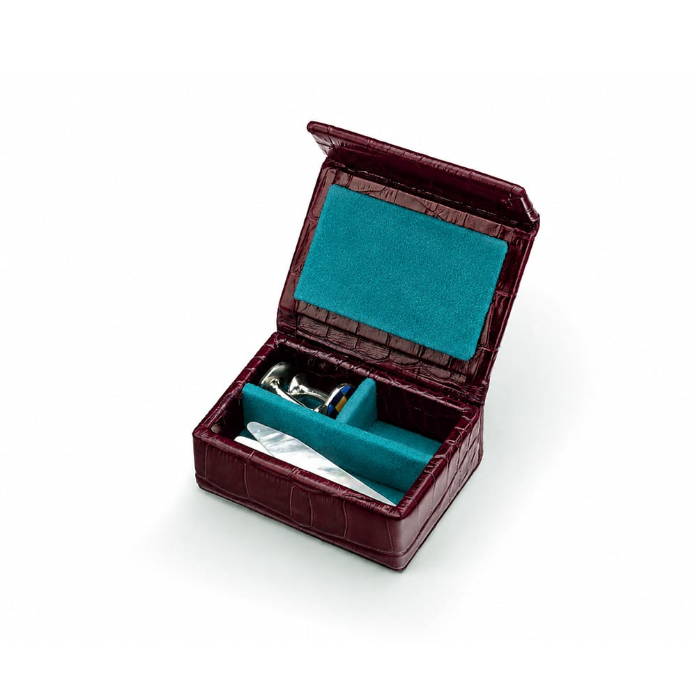 Small Leather Stud &amp; Collar Stiffener Box, Burgundy Croc With Blue, inside