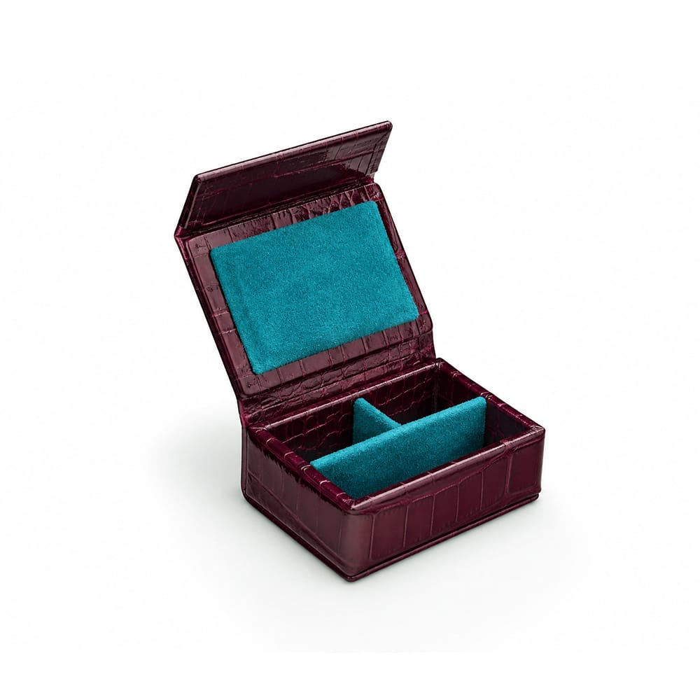 Small Leather Stud &amp; Collar Stiffener Box, Burgundy Croc With Blue, open