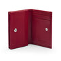 Expandable leather business card holder, burgundy, open