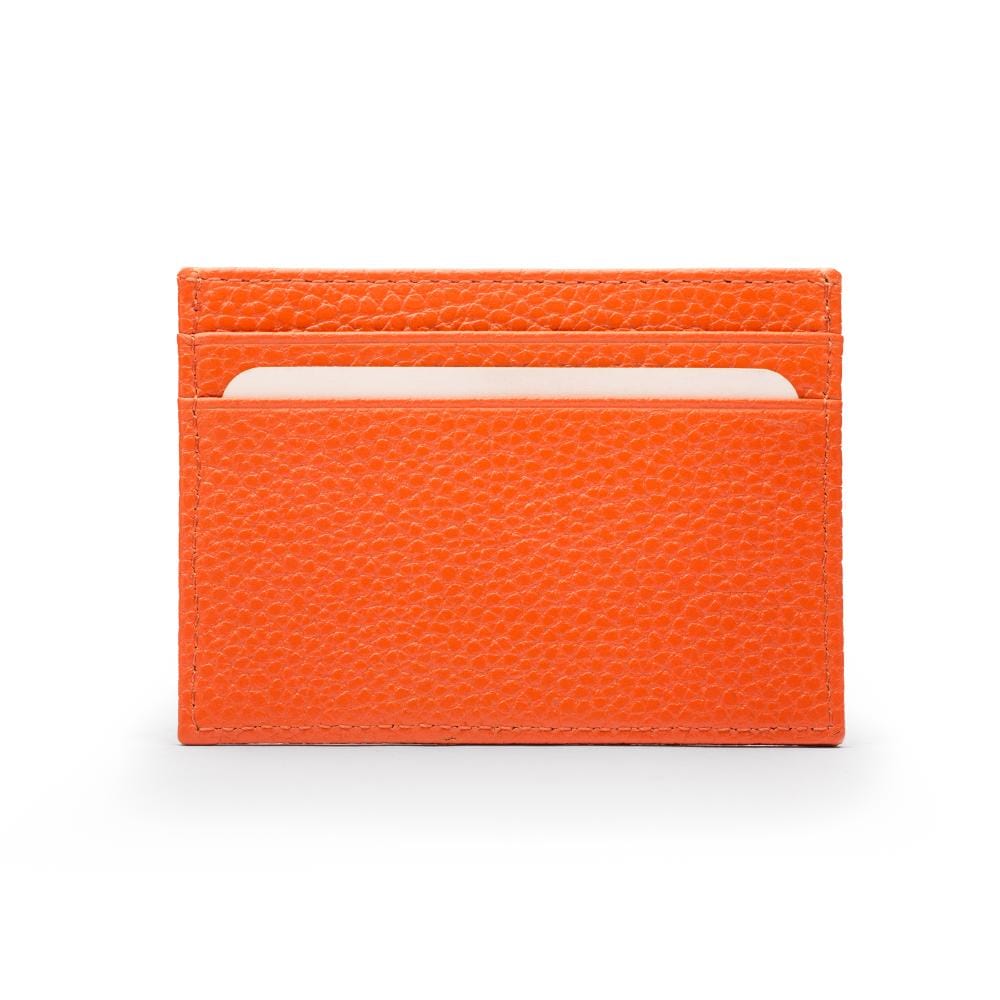 Flat leather credit card wallet 4 CC, orange pebble grain, front