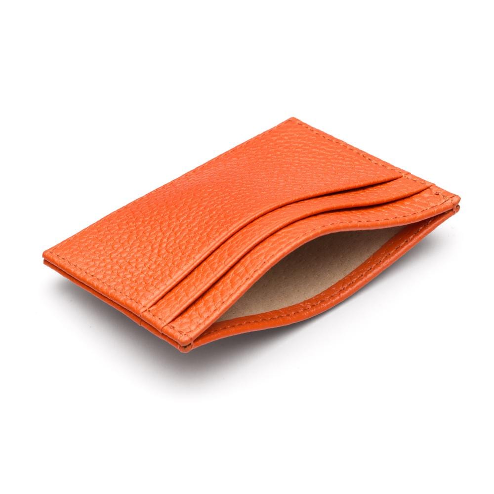 Flat leather credit card wallet 4 CC, orange pebble grain, inside