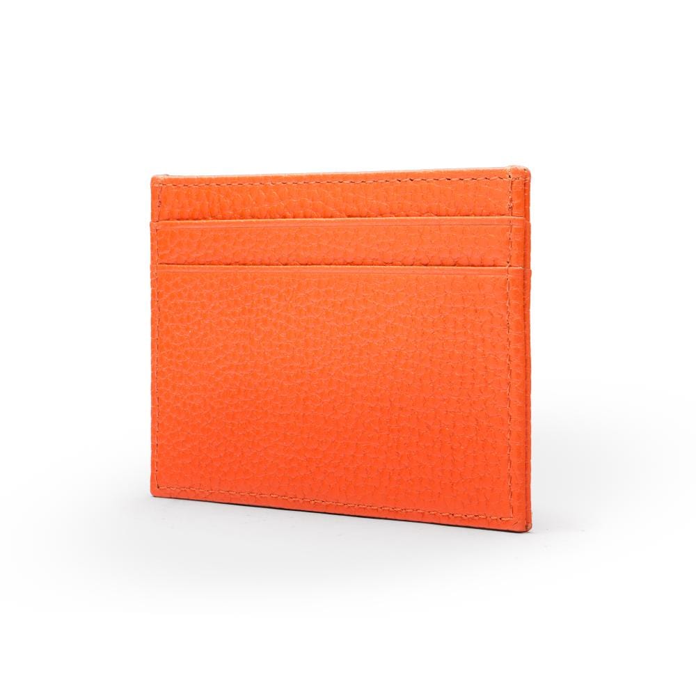 Flat leather credit card wallet 4 CC, orange pebble grain, front