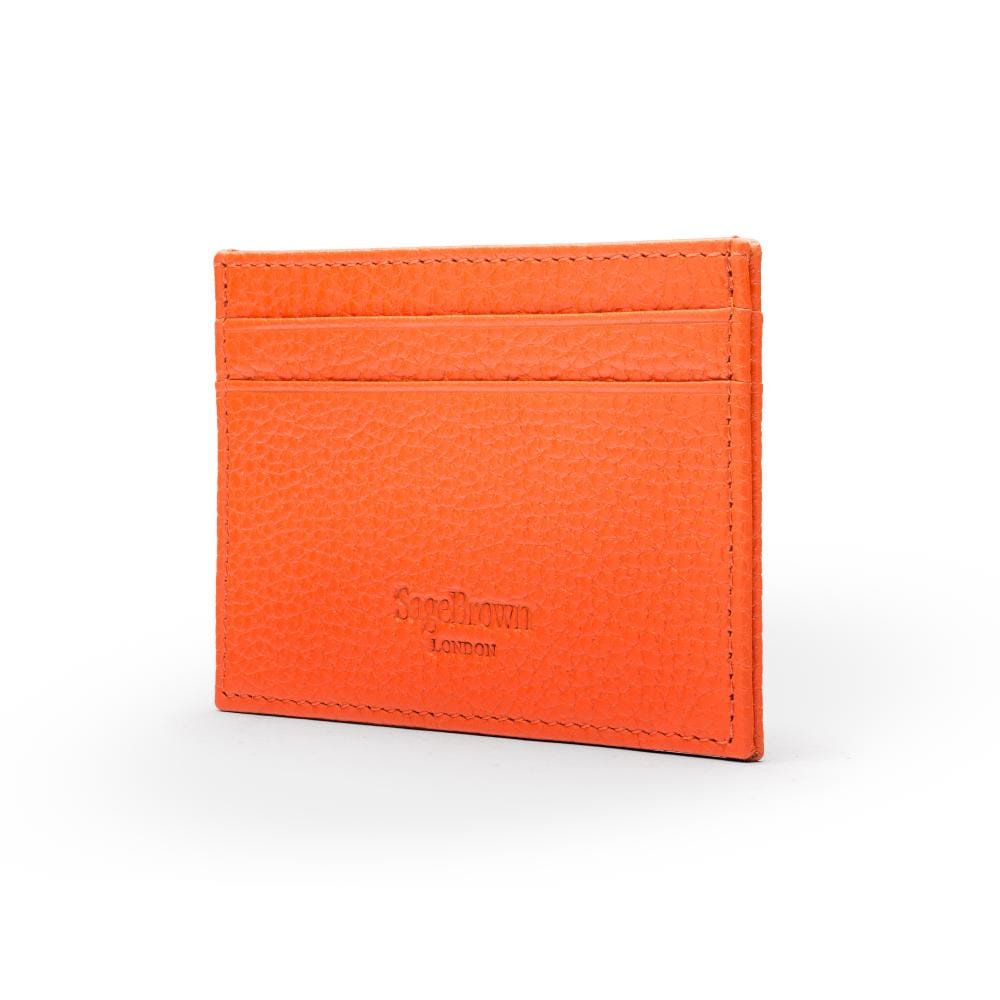 Flat leather credit card wallet 4 CC, orange pebble grain, back