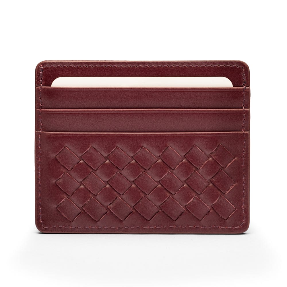 Flat woven leather card holder, burgundy, front