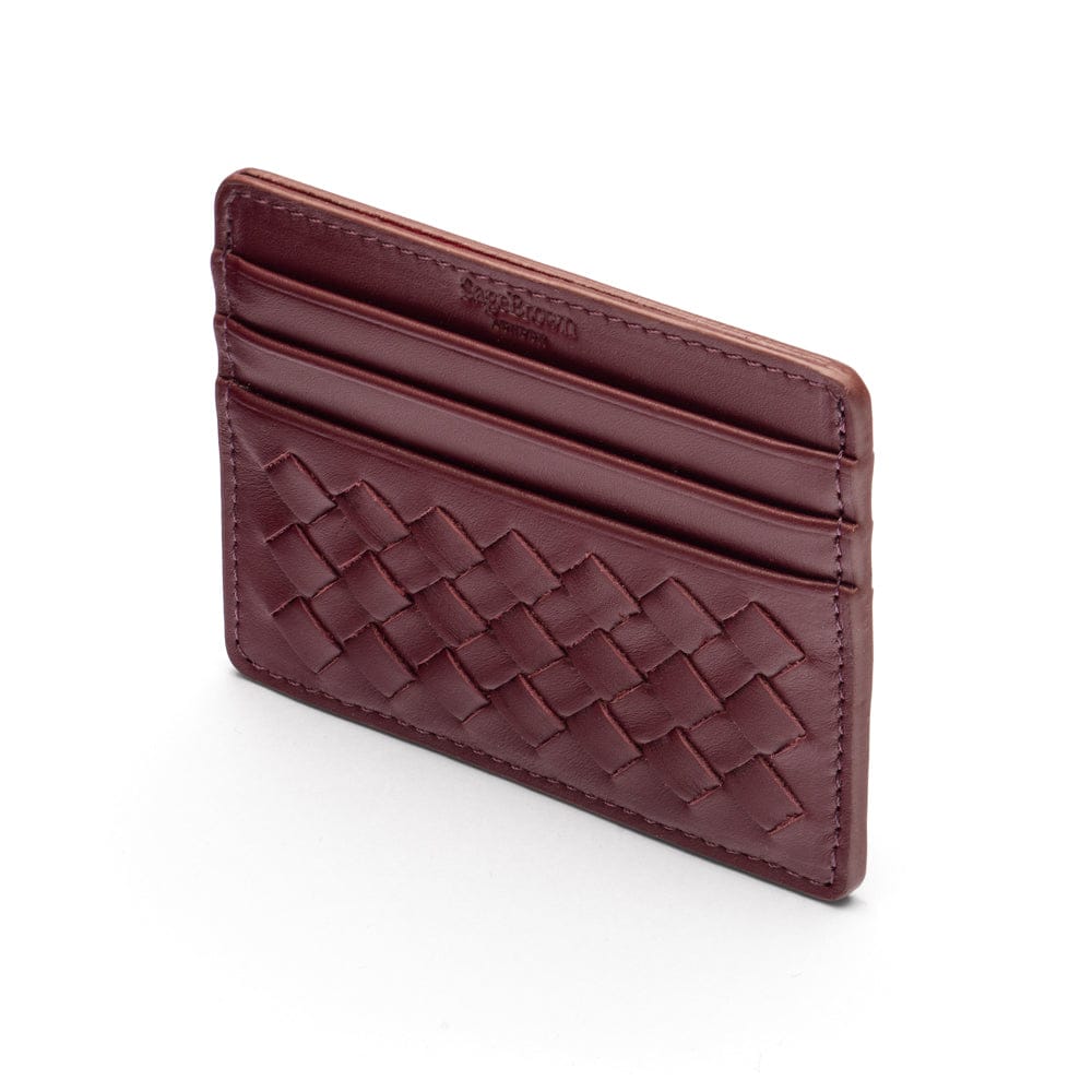 Flat woven leather card holder, burgundy, back