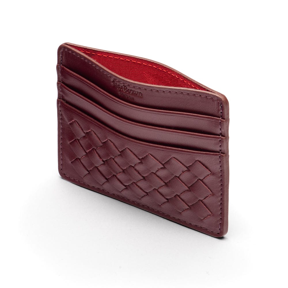 Flat woven leather card holder, burgundy, open