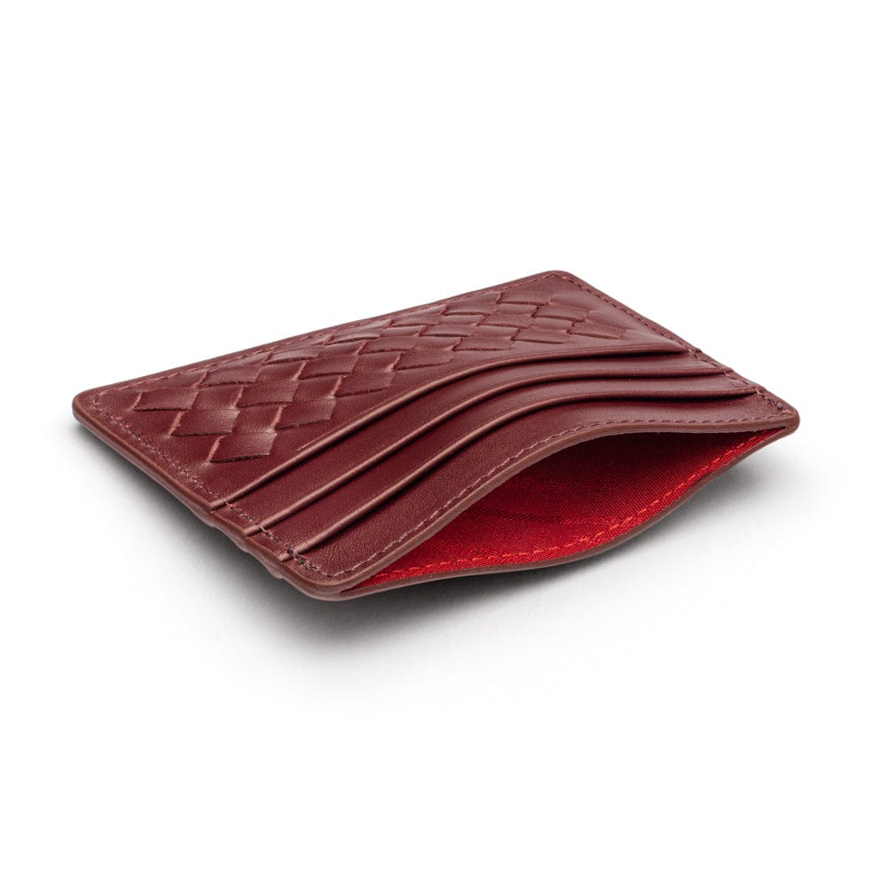 Flat woven leather card holder, burgundy, inside