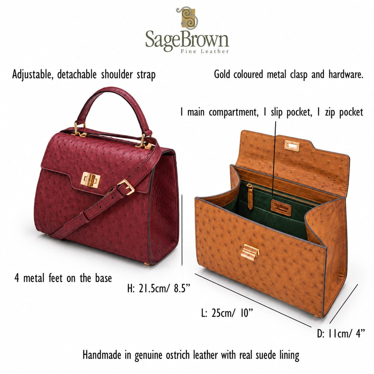 Ostrich leather Morgan bag, features and dimensions